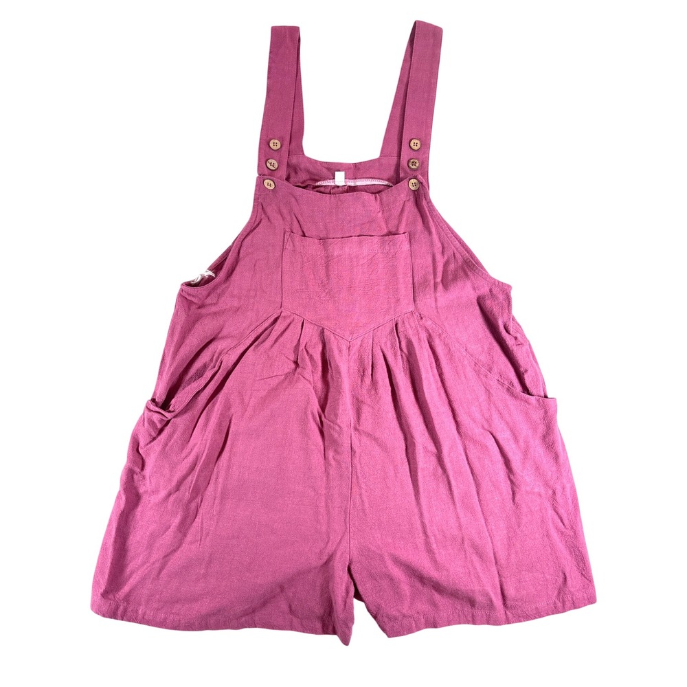 Pink Linen Blend Short‎ Overalls Romper Boho Cottagecore Women Size S